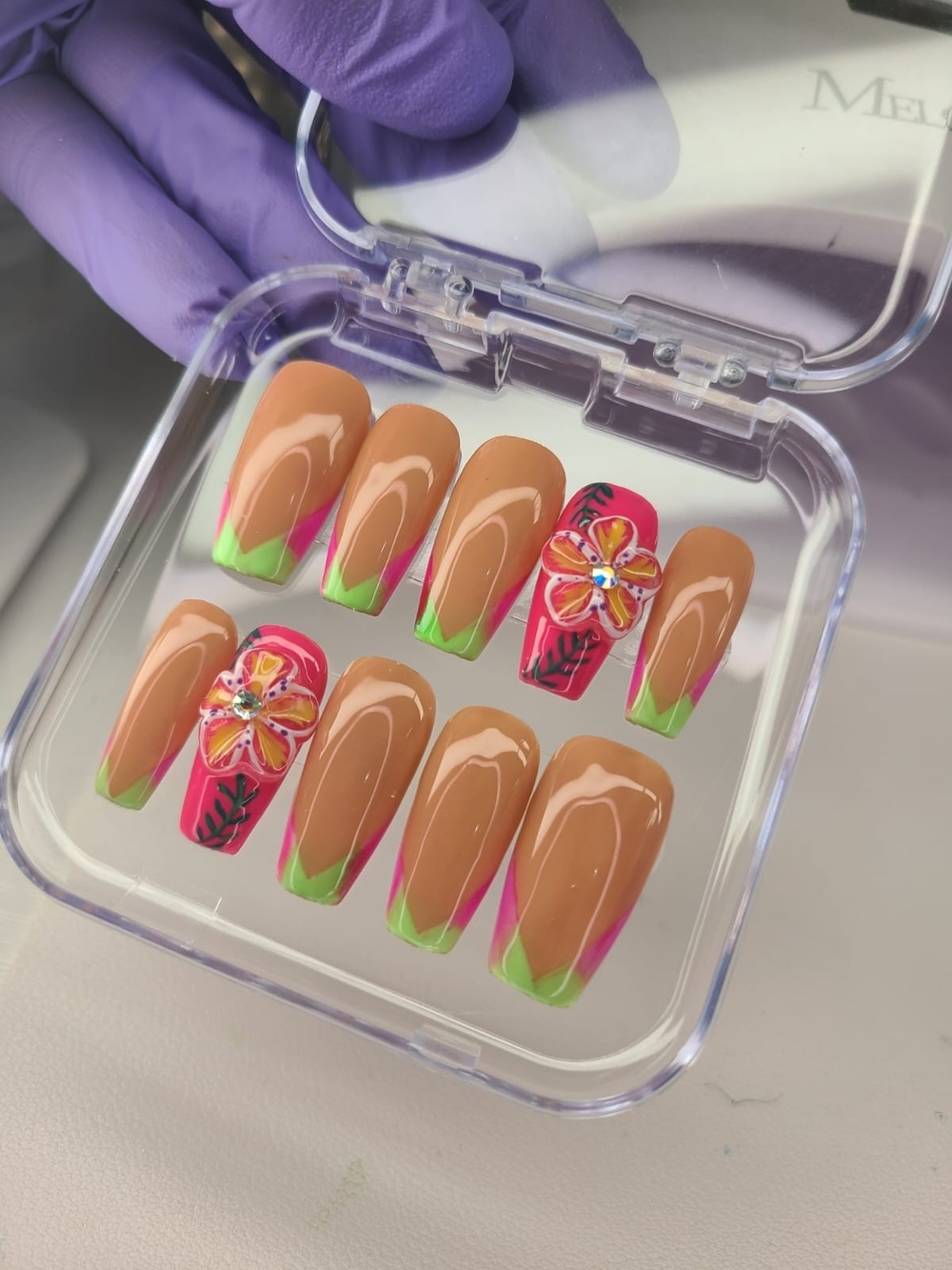 Size (S) Nude Base Press-On Nails with Pink & Lime Floral Accents